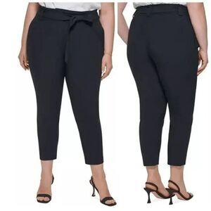 Calvin Klein Plus Size Black Tie-Belt Straight-Leg Pants 14W